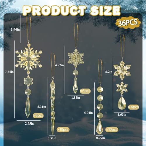 Crystal Christmas Ornaments for Tree Decor, Snowflake, Icicle & Star