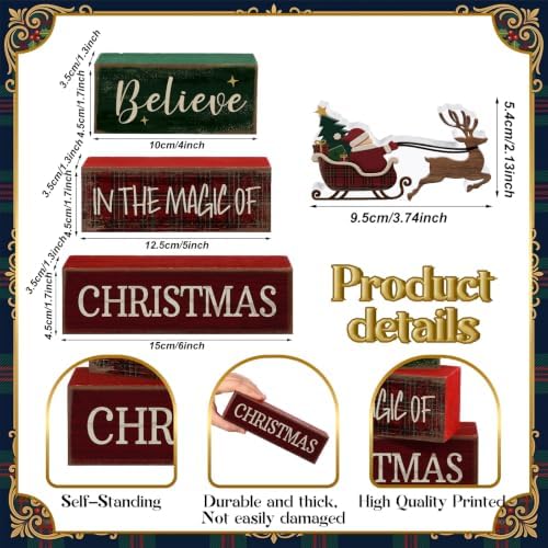 Moucuny 4 Pcs Tartan Plaid Christmas Table Decor, Santa Sleigh Wooden Signs
