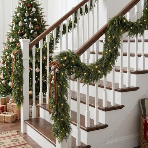12FT 1Pcs Christmas Cedar Garland with Lights Realistic Faux Pine Garlands