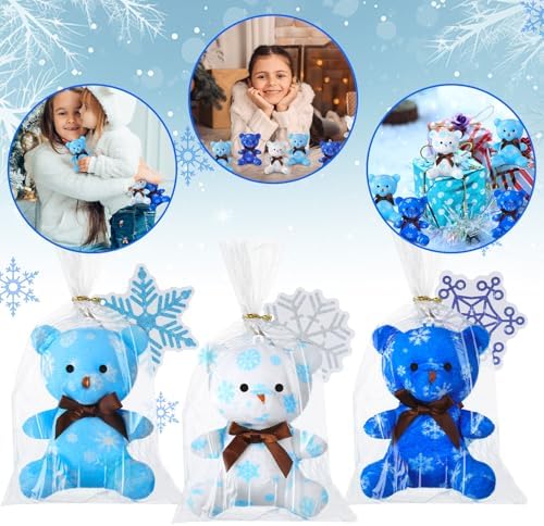 Poen 27 Pack Winter Party Favors Snowflake Mini Plush Bears with Cards Set Small Stuffed Animal Classroom Gifts for Holiday School Students Kids Exchange Prize Reward Gifts Toy
