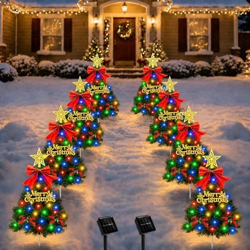 Christmas Tree Solar Pathway Lights Outdoor Decor, 8 Pack, Green