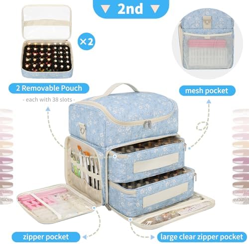CUBETASTIC Extra Large Nail Polish Organizer Case Holds 86 to 100+ Bottles Nail Polish & Nail Lamp, Nail Supplies Storage Carrying Bag with 2 Removable Pouches, White Floral in Blue
