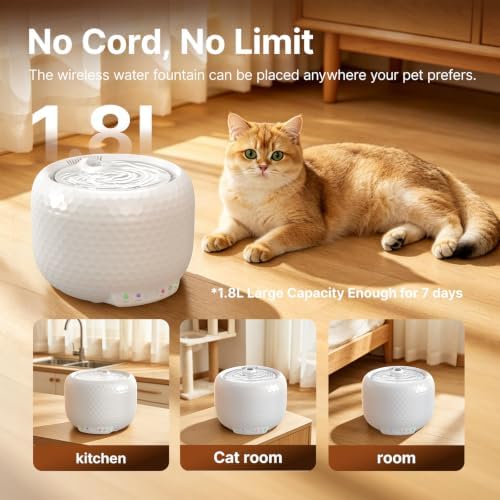 Red Dot Award Wireless Cat Water Fountain 1.8L/60oz, 145° Sensor Fountain with 5000mAh Battery, Silent Pump, Water-Electric Separation & Low Water Auto Shut Off for Cats Dogs