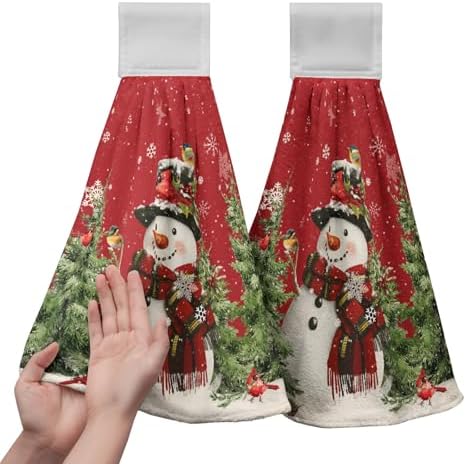 Winter Snowman Red Hanging Kitchen Towels Set of 2 Christmas Snow Snowman Pine Tree Bird Hand Towel with Hanging Loop Xmas Farmhouse Bath Towels Soft Absorbent Fingertip Dish Tie Towel for Bathroom