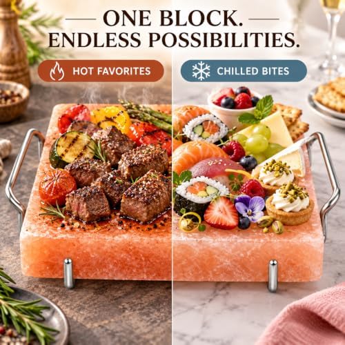 UMAID Himalayan Salt Block Cooking Plate 8x8x1.5 – Food Grade Pink Himalayan Salt Stone for Cooking, Salt Block for Grilling, Serving & Food Presentation – Includes Stainless Steel Tray & Recipe Booklet – Unique Gifts for Men & Women