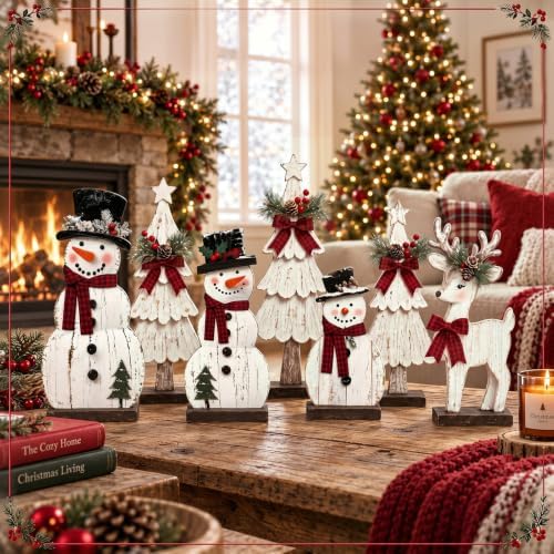 Barydat 7 Pcs Christmas Decorations Indoor Rustic Snowman Tree Reindeer