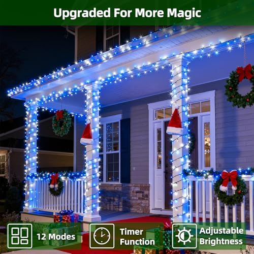 300 LED 75FT Christmas String Lights Outdoor, 12 Modes, Blue & Cool White