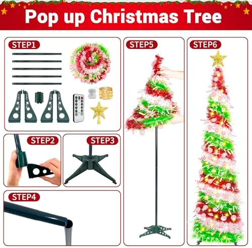HISFFOG 5FT Pop Up Christmas Tree with 8 Rmote Lights Modes - 3 Color Sequin Tinsel Christmas Tree, Collapsible Artificial Pencil Christmas Trees Decorations for Home, Apartment, Office, Party