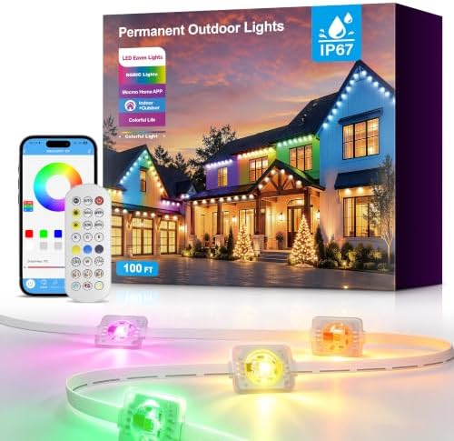 Permanent Outdoor Lights 100FT, 16 Million Colors Smart LED Christmas Lights with App Control, IP67 Waterproof Outside Lights for House Eaves, Patio & Garden – Holiday & Year-Round Decoration