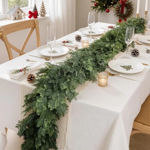 Christmas Garland 9FT Decorations Real Touch Cedar Cypress Pine Greenery Artificial Green Christmas Garland for Mantle, Fireplace, Table, Stairs, Door, Porch, Indoor Outdoor Decorations, 2Pcs