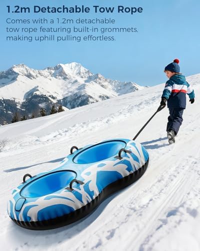 Snow Tube with Towable Leash, 68 Inch Snow Sleds for Kids and Adult，2 Person Sled for Winter Sports, Snow Tubes for Sledding Heavy Duty, Inflatable Snow Sled with Double Layer Bottom Fabric