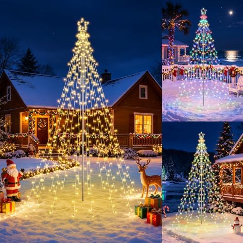 Outdoor Christmas Tree Lights with Pole, 10 FT, Warm White and Multicolor