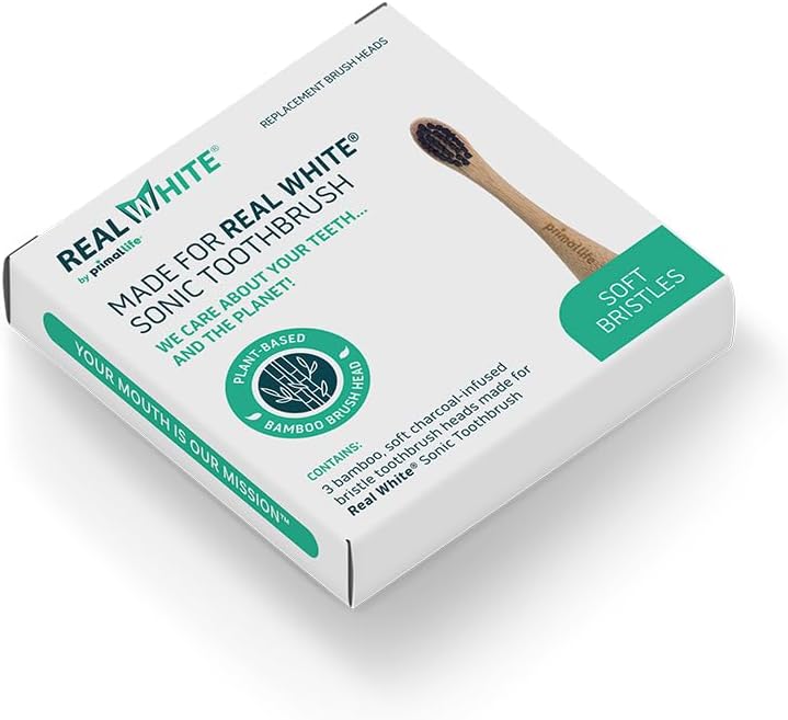 Primal Life Organics - Replacement Real White Sonic Brush Heads, Bamboo Charcoal Infused Brush, eco-Friendly, Non-GMO, it is Recycled (3 Brushes)