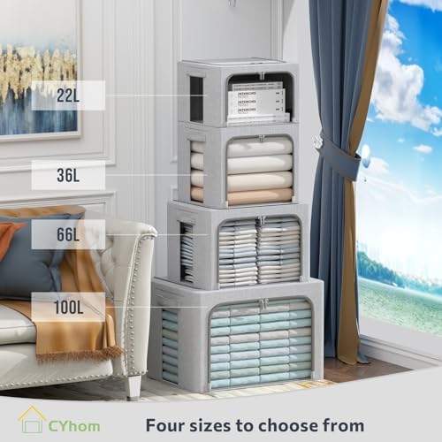 Clothes Storage Bins with Metal Frame, Clear Window, 100L,Light Grey,2-Pack