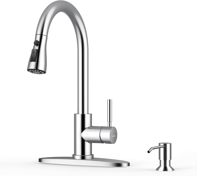 WEWE Kitchen Faucet with Soap Dispenser and Pull Down Sprayer, RV Single Handle Classic 3 Modes Stainless Steel Faucet for Kitchen Sink, RV, Polished Chrome