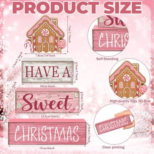 Lineshading 4 Pcs Pink Christmas Table Decor, Sweet Gingerbread Block Sign