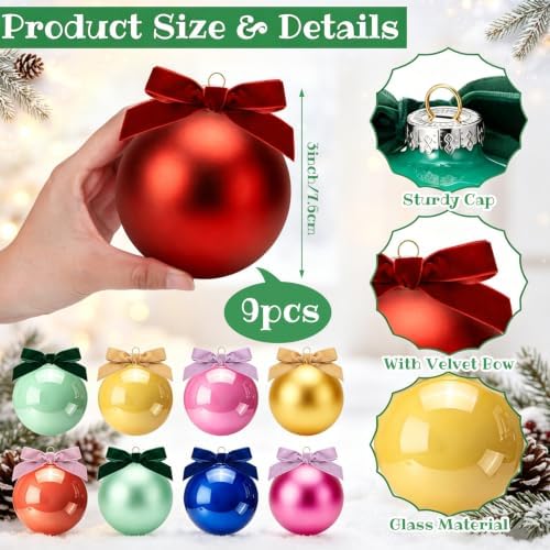 Hollowfly 9 Pcs 3 Inch Colorful Glass Christmas Ornaments with Velvet Bow