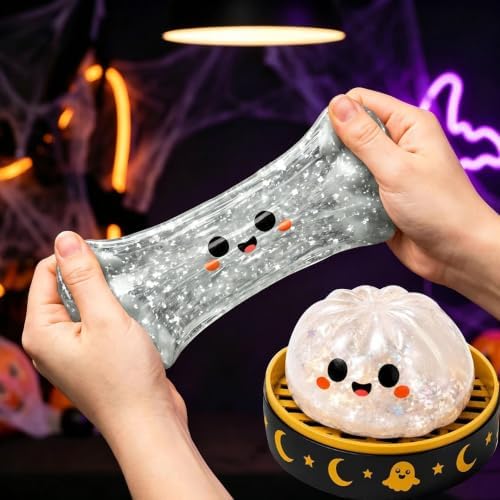 Halloween Spooky Pumpkin Stress Ball Squeeze Toy for Adults, Slow Rise Glitter DumplingSpooky Ghost Decorations, Halloween Cute Pumpkin Squeeze Fidget Toy for Stress Anxiety Relief(White Smile)