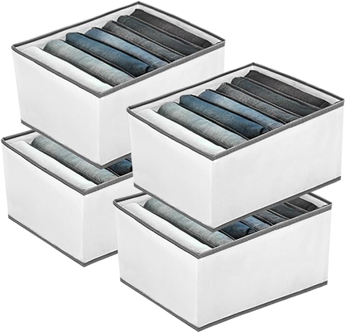 EASEVE 4 Pack Wardrobe Closet Organizer and Storage for Clothes - 7 Grids Foldable Drawer Dividers Organizers for Jeans | Pants | Shirts | Leggings, Stackable Clothing Bins for Closets Organization