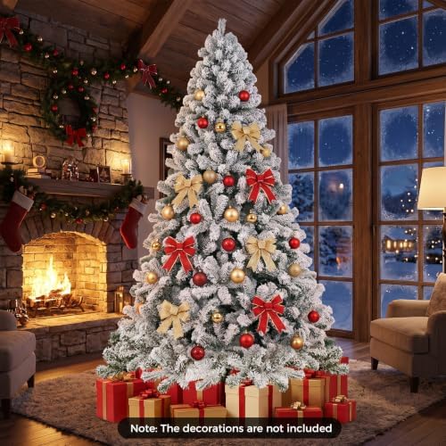 HAPPYGRILL 7.5 Feet Flocked Christmas Tree Artificial Xmas Tree with 1010 PVC Branch Tips, Hinged Xmas Tree Life-Like Seasonal Holiday Tree for Home Office