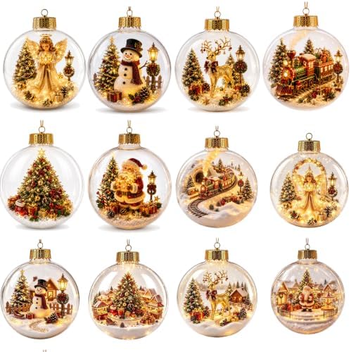 12PCS Glowing Christmas Ornaments - Mini Gold Light-Up Christmas Ball Ornaments - Christmas Tree Ornament with Warm LED Light for Tree Mantel, Holiday Scene Decoration & Gift