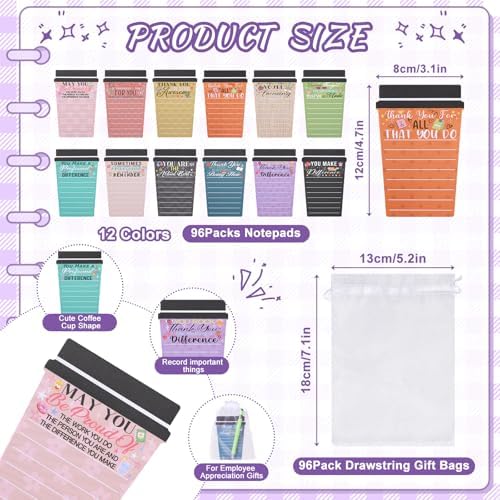 96 Set Employee Appreciation Gifts Bulk Team - 96Pack Coffee Cup Notepad+96 Ballpoint Pens+ 96 Drawstring Gift Bags, Bulk Gifts for Coworkers/Staffs/Teachers/Christmas
