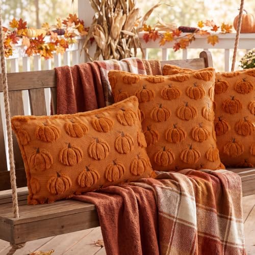 Fall Throw Pillow Covers 12x20 Set of 2 Rust Pumpkin Lumbar Covers