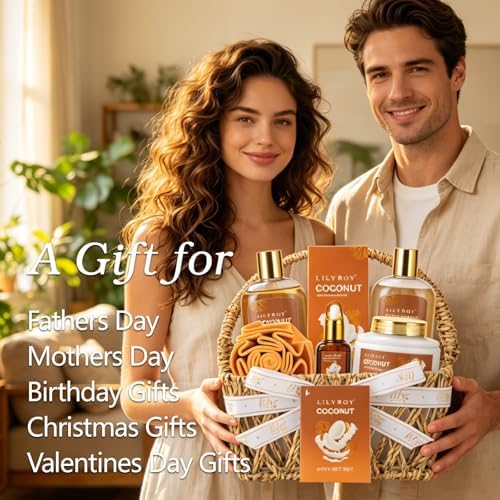 Coconut Spa Gifts Set - 7Pcs Moisturizing Spa Gift Basket for Women & Men