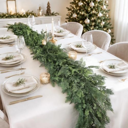 Christmas Garland 9FT Decorations Real Touch Cedar Cypress Pine Greenery Artificial Green Christmas Garland for Mantle, Fireplace, Table, Stairs, Door, Porch, Indoor Outdoor Decorations