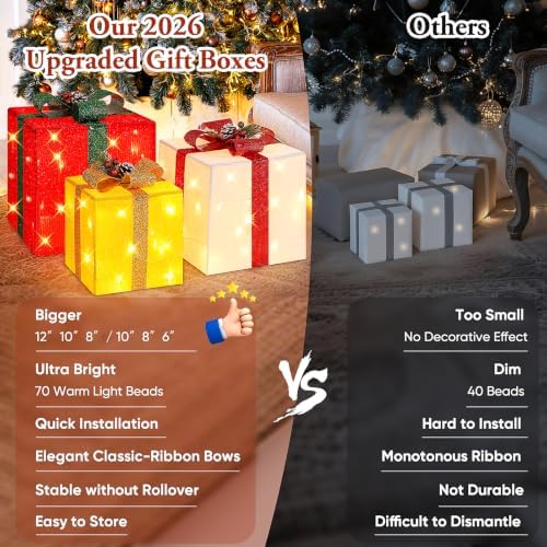 Brightever 3 Pieces Large Gift Boxes for Indoor Christmas Decorations, 12" 10" 8", Pre-lit 70 LED Boxes with Glitter, Lighted Christmas Ornaments for Balcony Backyard Party Decor