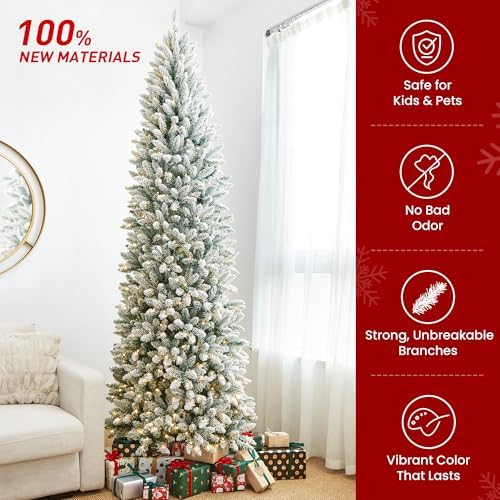 Glitzhome 9ft Prelit Christmas Tree, Snow Flocked Christmas Trees with 600 Warm White Lights, Pencil Christmas Tree Snowy Splendor Fir Artificial Tree w/1860 Branch Tips and Foldable Metal Stand