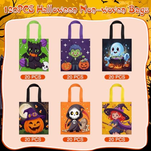 Sweetude 120 Pcs Halloween Tote Bags Bulk Trick Treat Bag with Handles Reusable Non Woven Halloween Treats Party Gift Favors Bags for Kids
