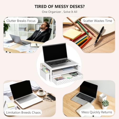 WALI Desk Organizer with Drawer and Pen Holder, 3 Tier Computer Monitor Stand for Home Office Supplies, Laptop Stand Riser for Computer, Laptop, Printer(PTT004-W), 1 Pack, White