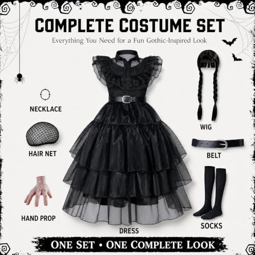 Women's Gothic Halloween Costume Long Black Dress with Wig Necklace