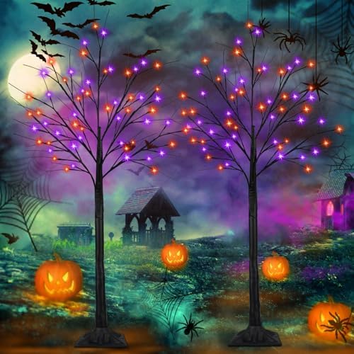 2 Pack 6FT Lighted Black Halloween Tree with 288 LED Orange & Purple Lights