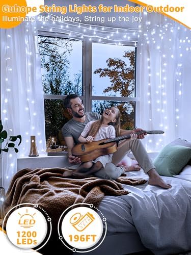 Guhope String Lights 1200LED 196FT, Waterproof Outdoor String Lights with Remote and Timer, 8 Modes Dimmable Fairy Lights for Indoor Outdoor Wedding Party Holiday Decorations (Cool White)