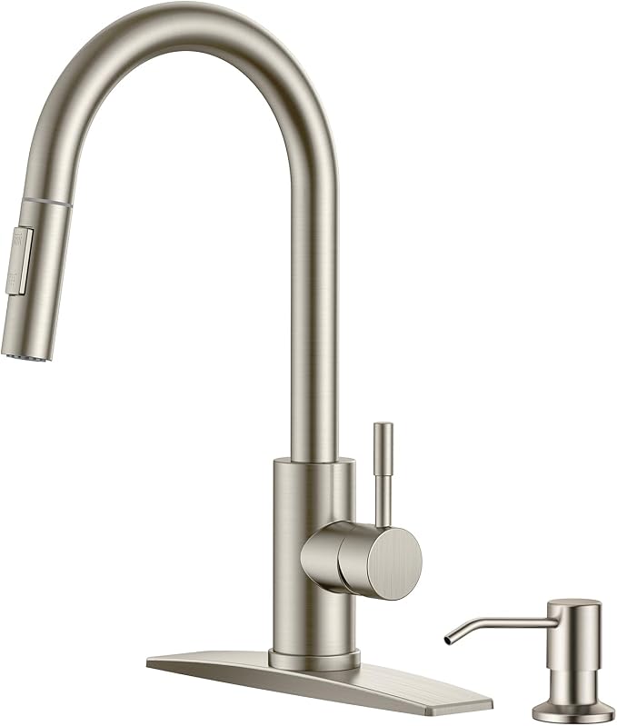 FORIOUS Brushed Nickel Kitchen Faucet with Soap Dispenser, High Arc Modern Sink Faucet with Pull Down Sprayer and Deck Plate, Stainless Steel Fit for 1 or 3 Hole for Pot Filler Bar Rv