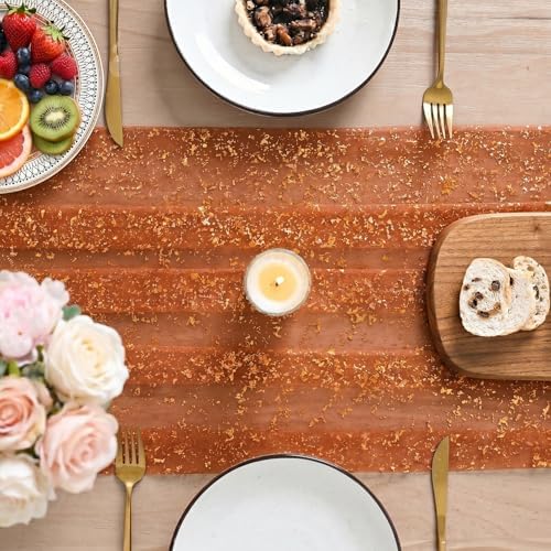 Artoid Mode Caramel Gold Gauze Table Runner 120 Inch 10FT, Glitter Metallic Foil Sheer Dining Wedding Anniversary Birthday Table Decor for Home Party