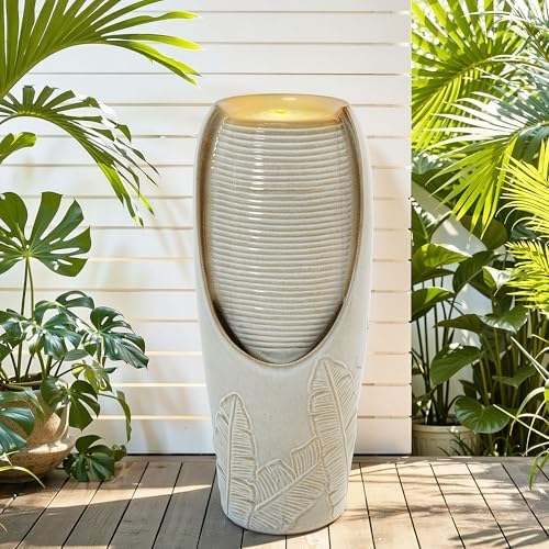 Autodaya 32"H Jar Ceramic Outdoor Water Fountain, Sand Beige Foilage Design