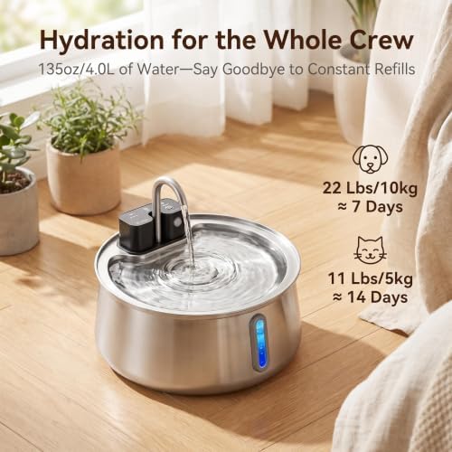 Good Origins Dog Water Fountain, 4L/135oz Automatic Cat & Dog Water Fountain, 4000mAh Rechargeable Battery, Up to 60-Day Battery Life, 3 Working Modes, Stainless Steel