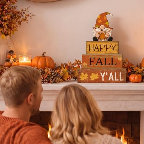 Lineshading 4 Pcs Fall Table Decor Wooden Block Signs with Gnome Set