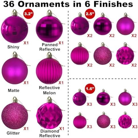 Fuchsia Christmas Ornaments - Christmas Tree Decorations Shatterproof Hanging Balls for Birthday Wedding Holiday Decor Set of 36pcs, Multi-Sizes(1.6",2.5",3.2")