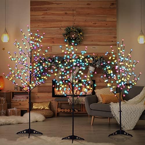 Lightshare Set of 3 LED Cherry Blossom Trees, 4FT 5FT and 6FT Lighted Artificial Trees Multicolor with Remote Contrl for Decoration Inside and Outside, Home Patio Wedding Festival Christmas Decor