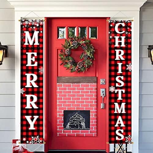 Christmas Decorations Outdoor Yard Front Porch Sign Set, Red Black Buffalo Plaid Door Banner, Hanging Merry Christmas Decorations for Home, Indoor Outdoor Xmas Decor Wall Front Door Yard Garage