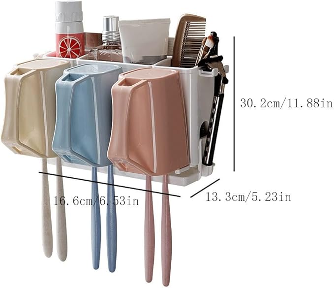 Toothbrush Rack Wall-Mounted Toothbrush Holder Bathroom Toothbrush Holder with Three Sinks with Cups for Toothpaste and Makeup Bathroom Toothbrush Holder
