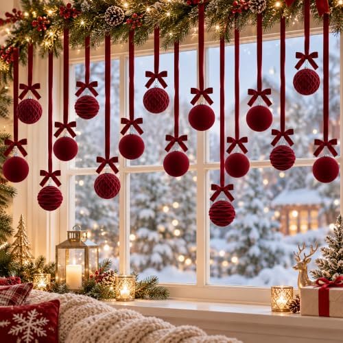 16 Sets Burgundy Velvet Christmas Ball Ornaments with Bow Ribbon, 35" Long