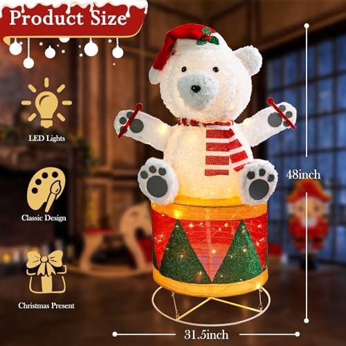 4 FT Lighted Christmas Drum Bear, Pre‑Lit Outdoor Yard Decor