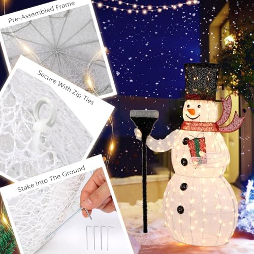 VINGLI 5FT Outdoor Snowman Christmas Decorations, Lighted Outdoor Snowman w/200 LED Lights, Tall Hat, Red Scarf, Ground Stakes, Zip Ties for Indoor, Yard, Outside Xmas Decor