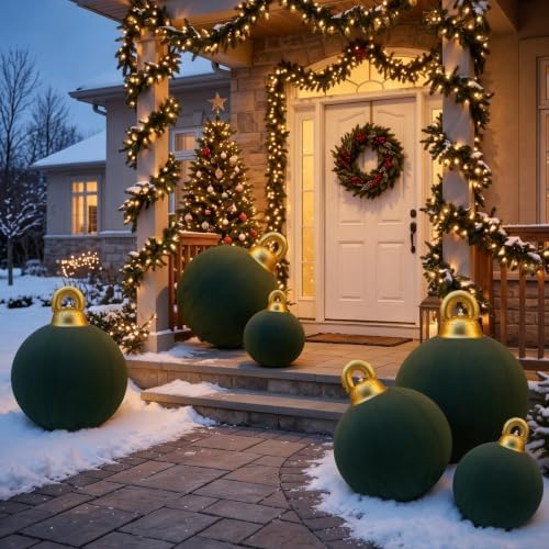 Jenaai 6 Pcs Dark Green Giant Velvet Christmas Inflatable Ball Ornament