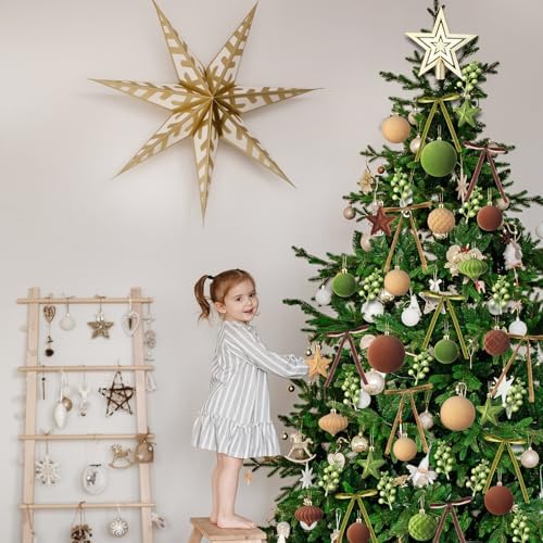 Hollowfly 95 PCS Velvet Christmas Tree Decor Set, Green, Brown, Khaki